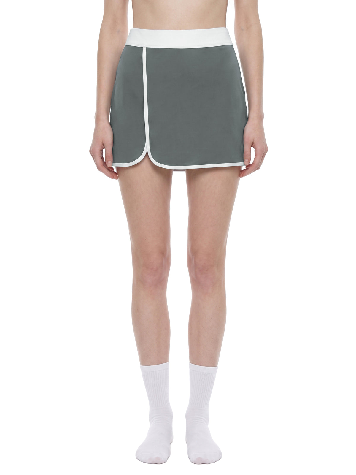 YA TOUR Women's Color Block A-Line Skort dark gray and white — on-model front view showing fit and athletic silhouette