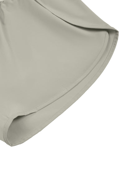 YA TOUR Women's Tennis Panelled Shorts – Light Gray with Light Blue, close-up of inner liner and overlay hem construction showing dual-layer detail