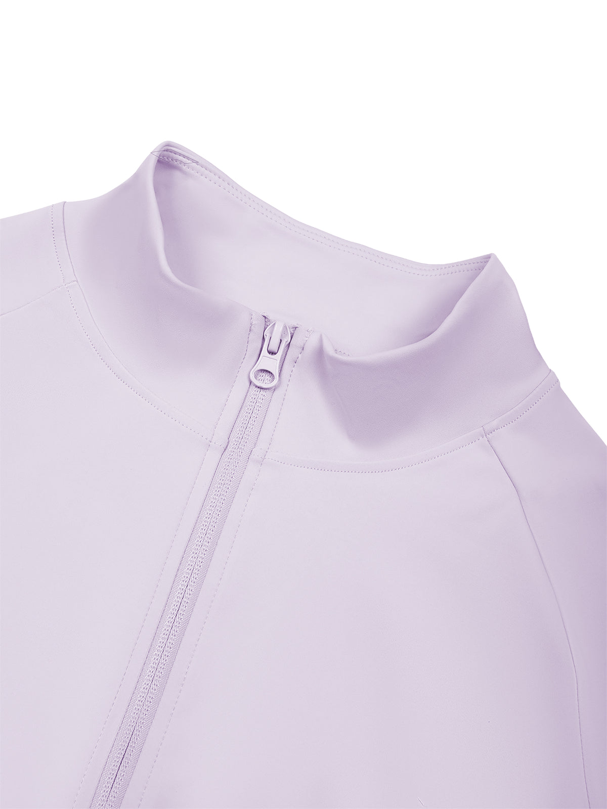 YA TOUR Women's Paneled Tennis Jacket – Light Purple with Deep Purple, close-up of stand collar and full-zip neckline construction