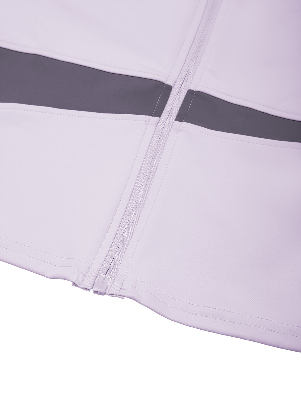 YA TOUR Women's Paneled Tennis Jacket – Light Purple with Deep Purple, close-up of diagonal panel hem construction and zip detail