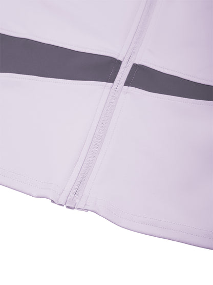 YA TOUR Women's Paneled Tennis Jacket – Light Purple with Deep Purple, close-up of diagonal panel hem construction and zip detail