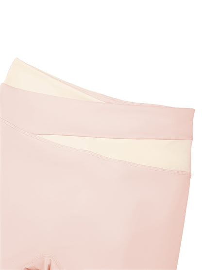 YA TOUR Women's Color Block Tennis Leggings – Light Pink with Apricot, close-up of color block waistband construction and high-waist fit detail