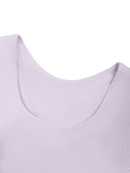 YA TOUR Women's Panelled Long Sleeve Tennis T-Shirt – Light Purple with Deep Purple, close-up of U-neck front neckline construction