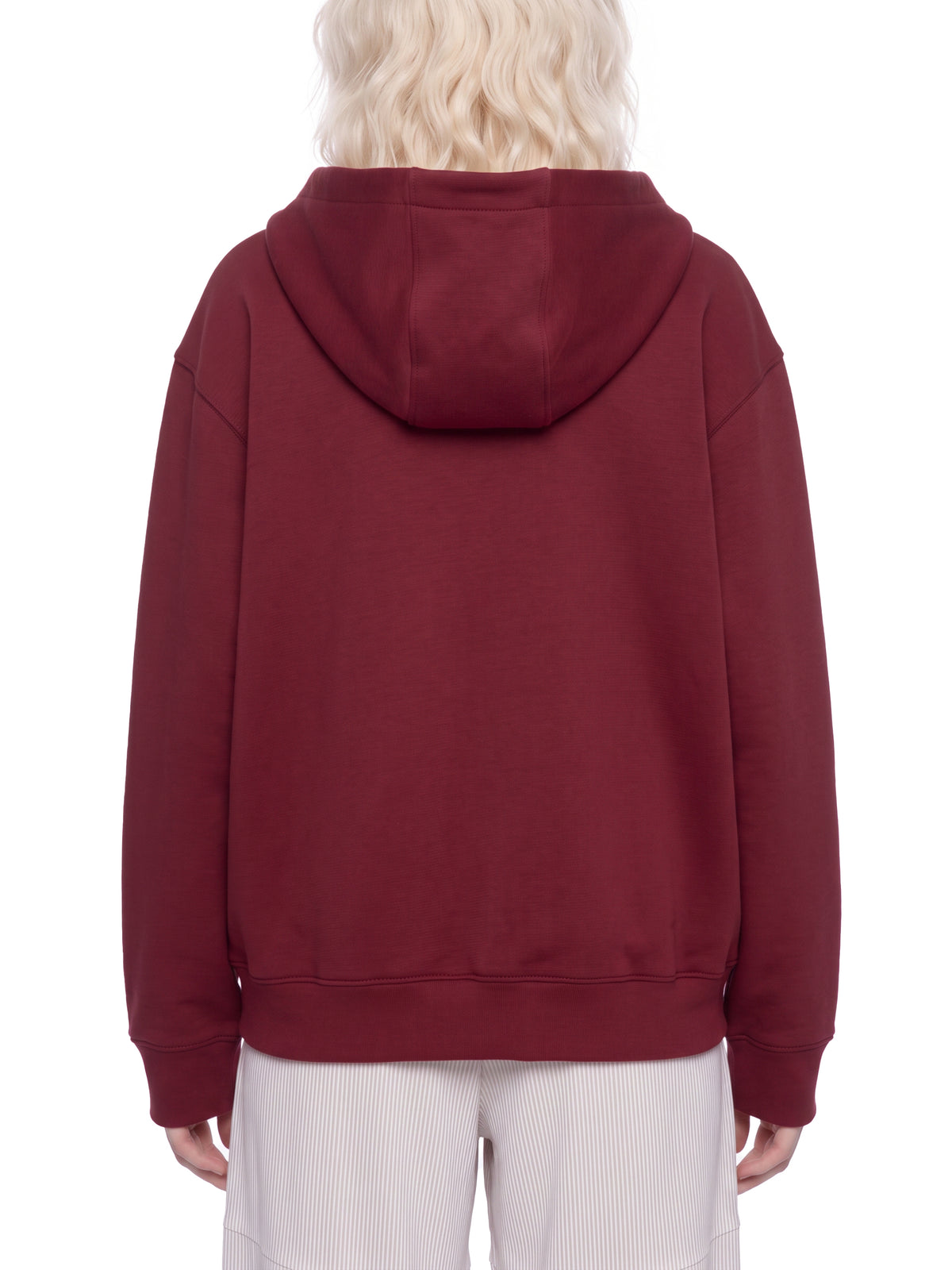 YA TOUR Drop Shoulder Full Zip Hoodie – Burgundy, on-model back view showing drop shoulder cut, hood and relaxed athletic fit