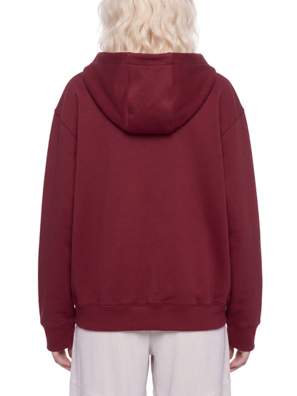 YA TOUR Drop Shoulder Full Zip Hoodie – Burgundy, on-model back view showing drop shoulder cut, hood and relaxed athletic fit