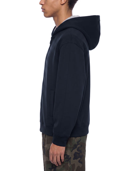 YA TOUR Drop Shoulder Full Zip Hoodie – Navy Blue, on-model side view showing drop shoulder cut, full-zip closure, hood and relaxed athletic fit