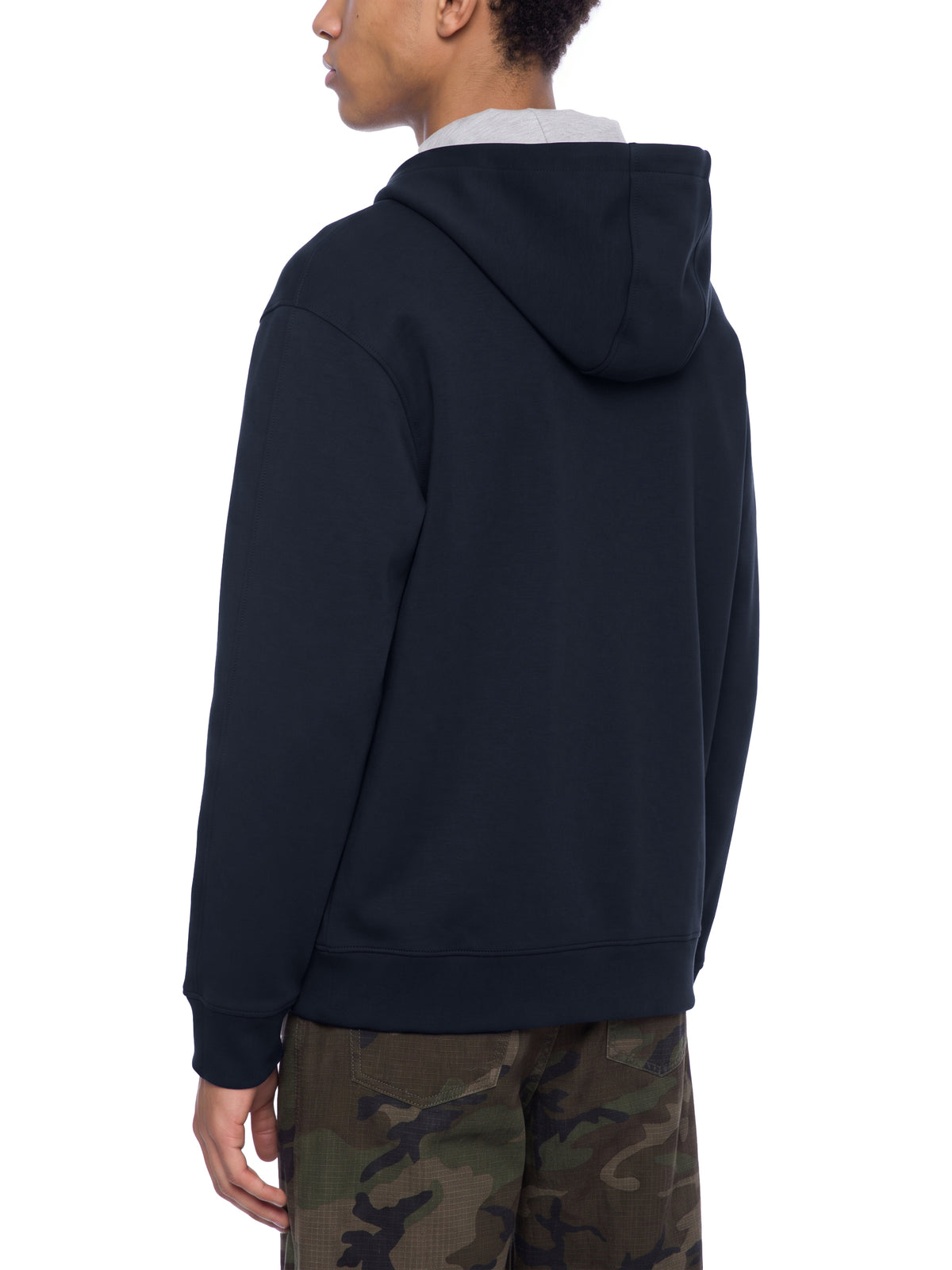 YA TOUR Drop Shoulder Full Zip Hoodie – Navy Blue, on-model back view showing drop shoulder cut, hood and relaxed athletic fit
