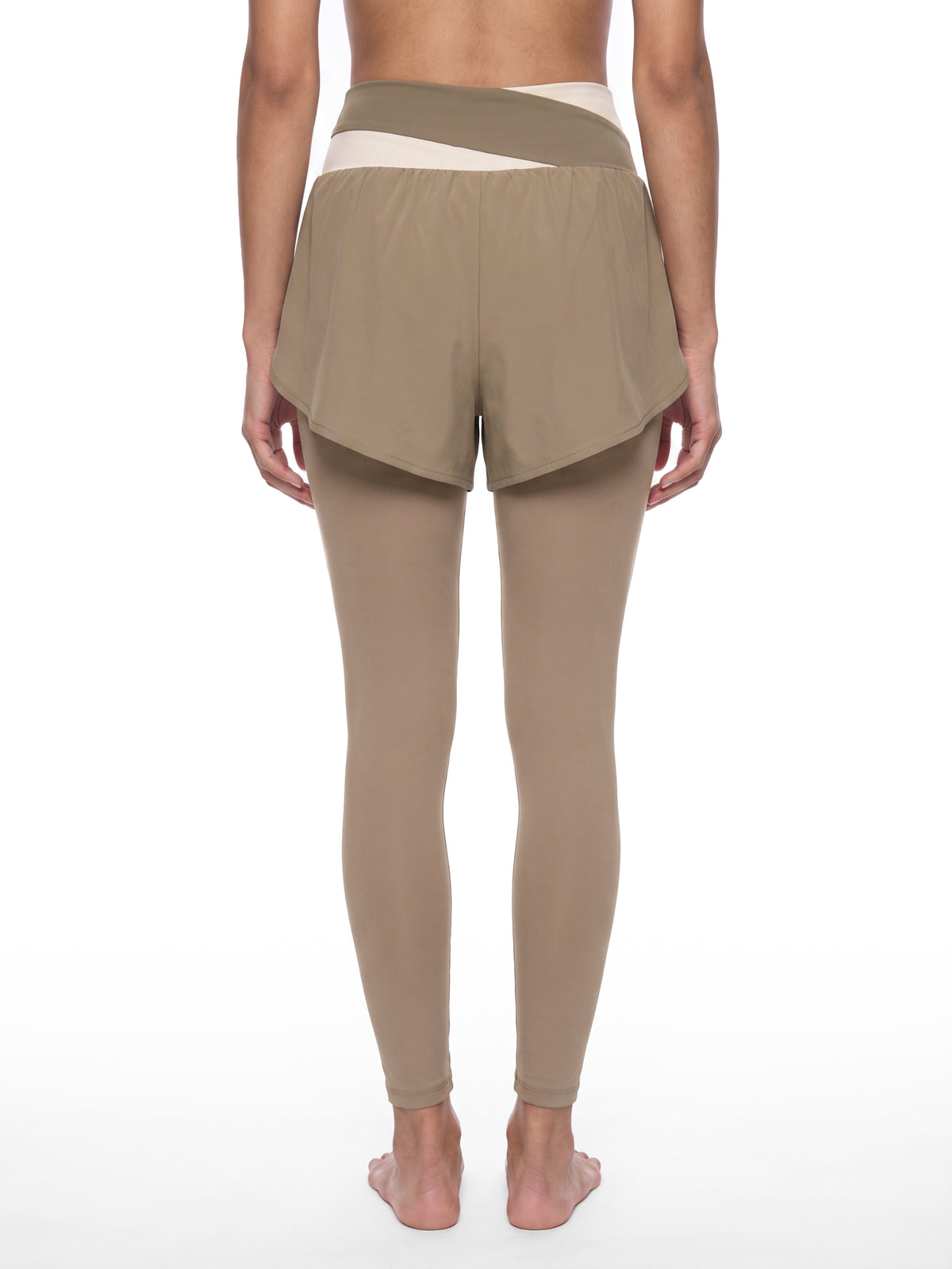 YA TOUR Women's Paneled High Waisted Shorts – Light Gray with Light Yellow, back view on model