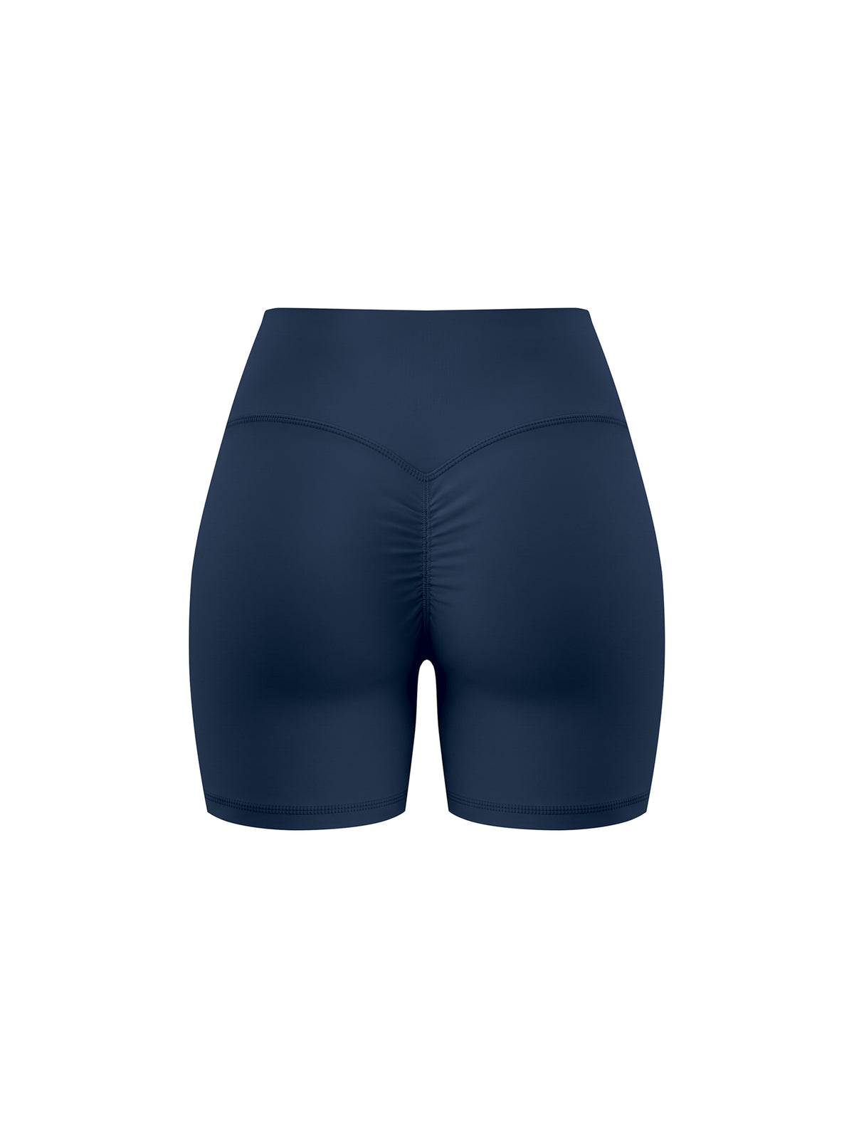 YA TOUR Women's High Waisted Shorts – Navy Blue, back view showing scrunch waistband detail