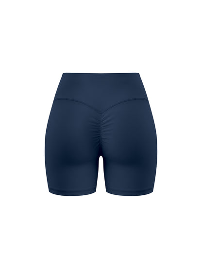YA TOUR Women's High Waisted Shorts – Navy Blue, back view showing scrunch waistband detail