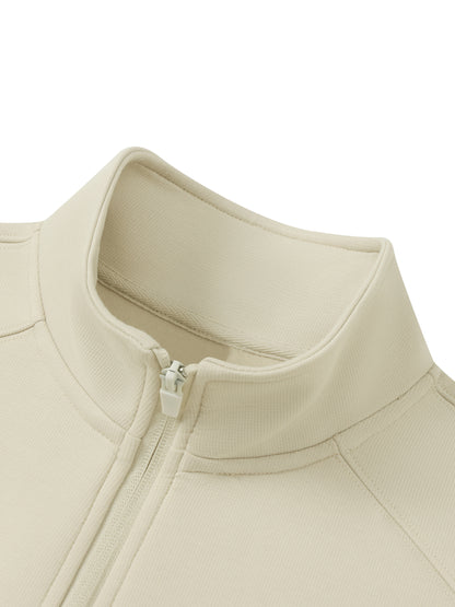 YA TOUR Unisex Stand Collar Track Jacket – Beige/Cream, close-up of stand collar and full-zip neckline construction