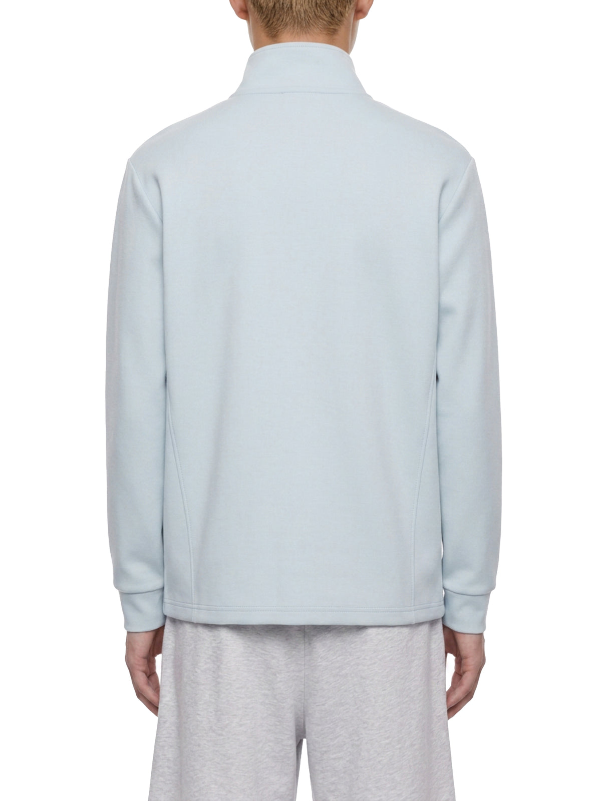 YA TOUR Unisex Stand Collar Track Jacket – Light Blue, on-model back view showing relaxed fit and ribbed cuffs