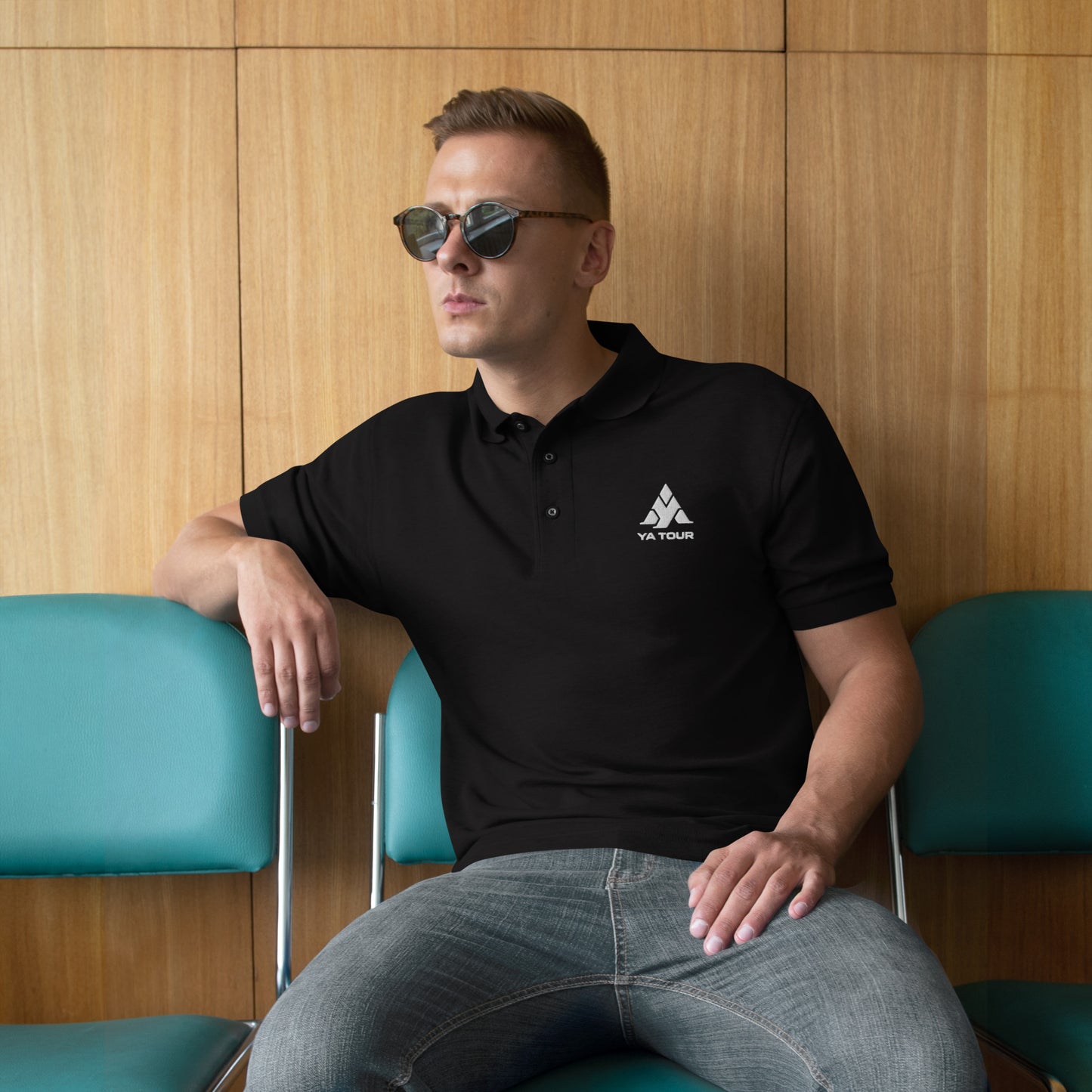 YA TOUR Men's Premium Polo black front lifestyle view