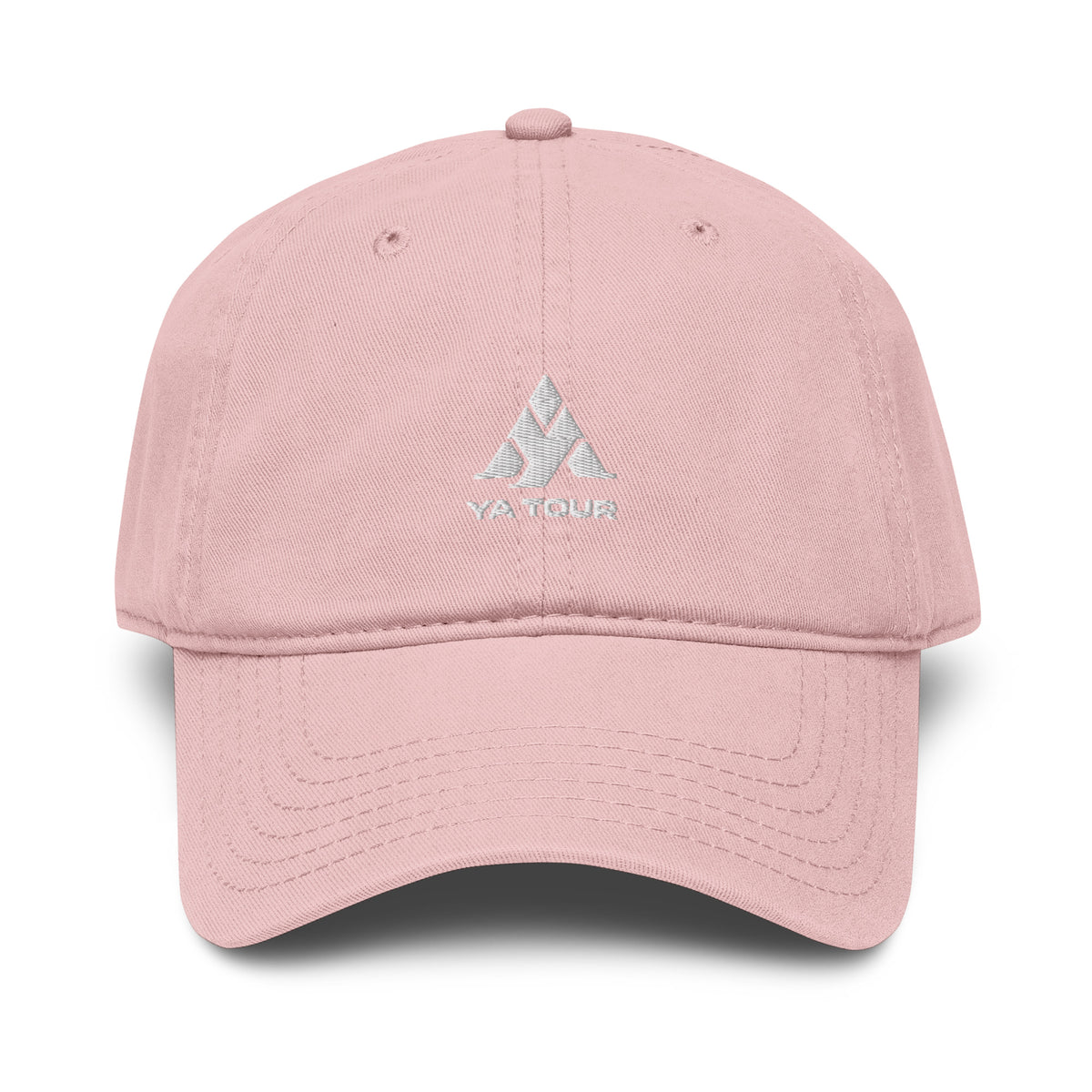 YA TOUR Garment Washed Cap – Pink, front view with embroidered logo