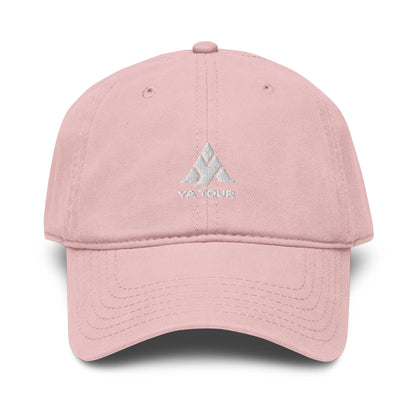 YA TOUR Garment Washed Cap – Pink, front view with embroidered logo