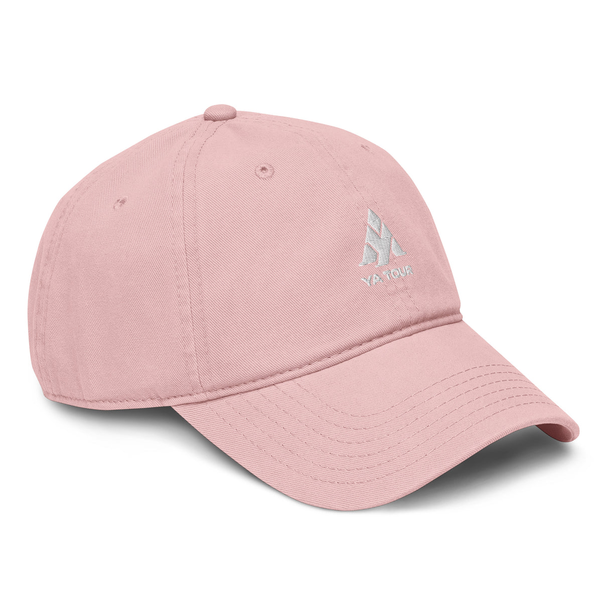 YA TOUR Garment Washed Cap – Pink, right front view with embroidered logo