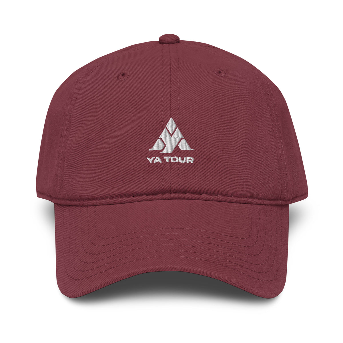 YA TOUR Garment Washed Cap – Red, front view with embroidered logo