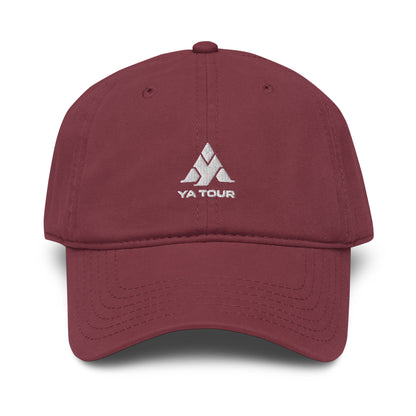 YA TOUR Garment Washed Cap – Red, front view with embroidered logo