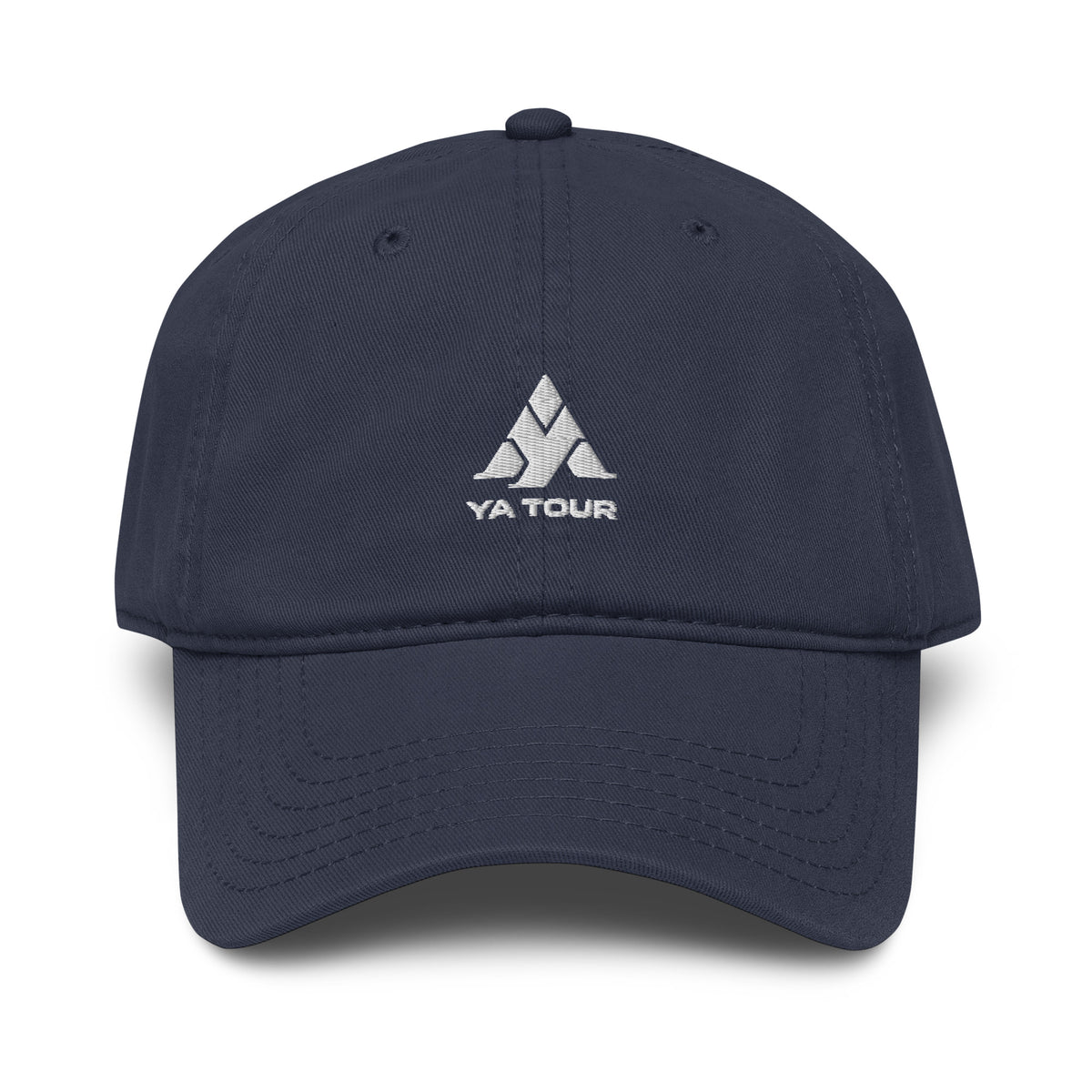 YA TOUR Garment Washed Cap – Navy, front view with embroidered logo