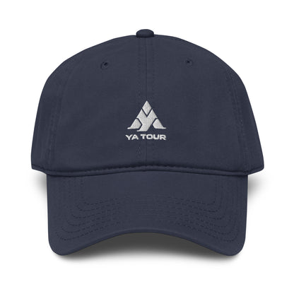 YA TOUR Garment Washed Cap – Navy, front view with embroidered logo