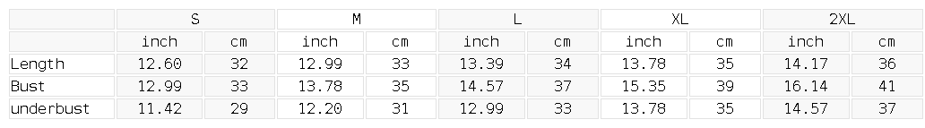 YA TOUR Women's Cropped Zip Sports Bra — size guide chart for S to 2XL