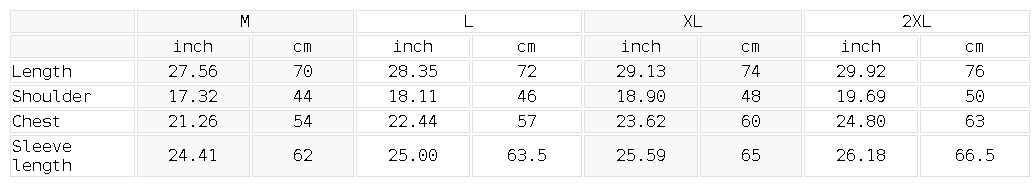 YA TOUR Soft Hooded Sports Tennis Jacket – size guide chart showing measurements in inches and centimeters for sizes M, L, XL and 2XL covering Length, Shoulder, Chest and Sleeve Length