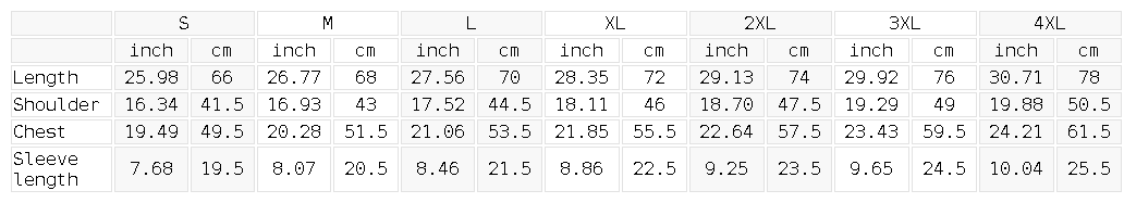 YA TOUR Men's Lightweight Performance T-Shirt – Size guide chart S to 4XL with measurements in inches and cm