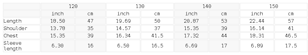 YA TOUR Kid's Solid Crewneck T-Shirt – size guide chart showing measurements in inches and cm for sizes 120 to 150