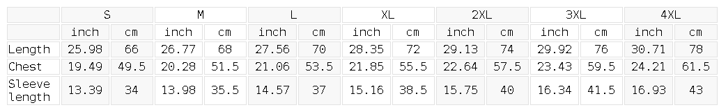 YA TOUR Men's Reflective Raglan T-Shirt – Size guide chart S to 4XL
