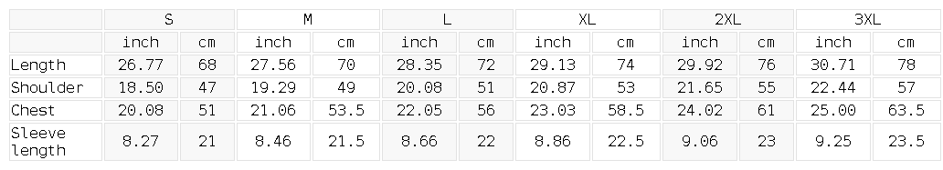 YA TOUR Unisex Quarter-Zip Polo Shirt – Size guide chart S to 3XL with measurements in inches and cm