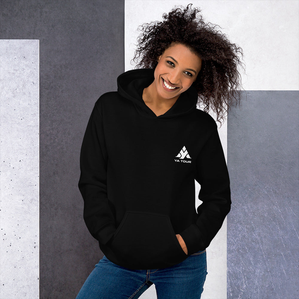 YA TOUR Unisex Hoodie black front lifestyle view 2