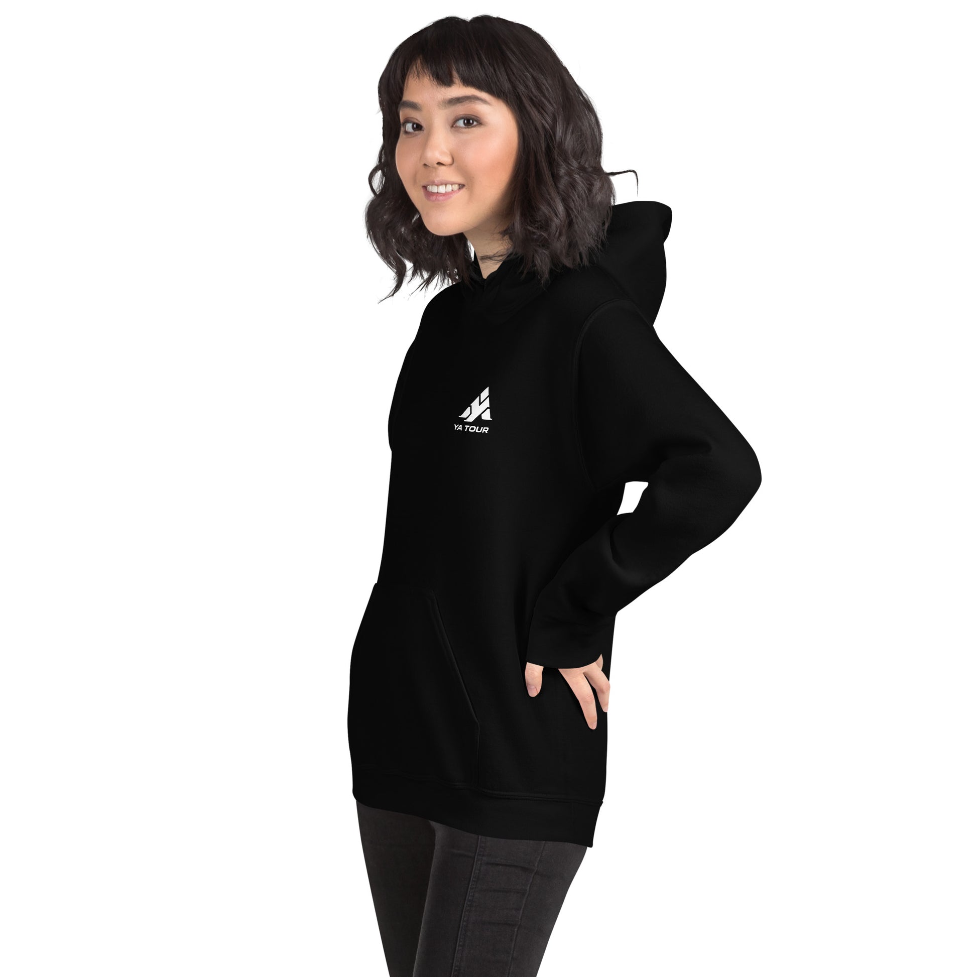 YA TOUR Unisex Hoodie black front lifestyle view 5