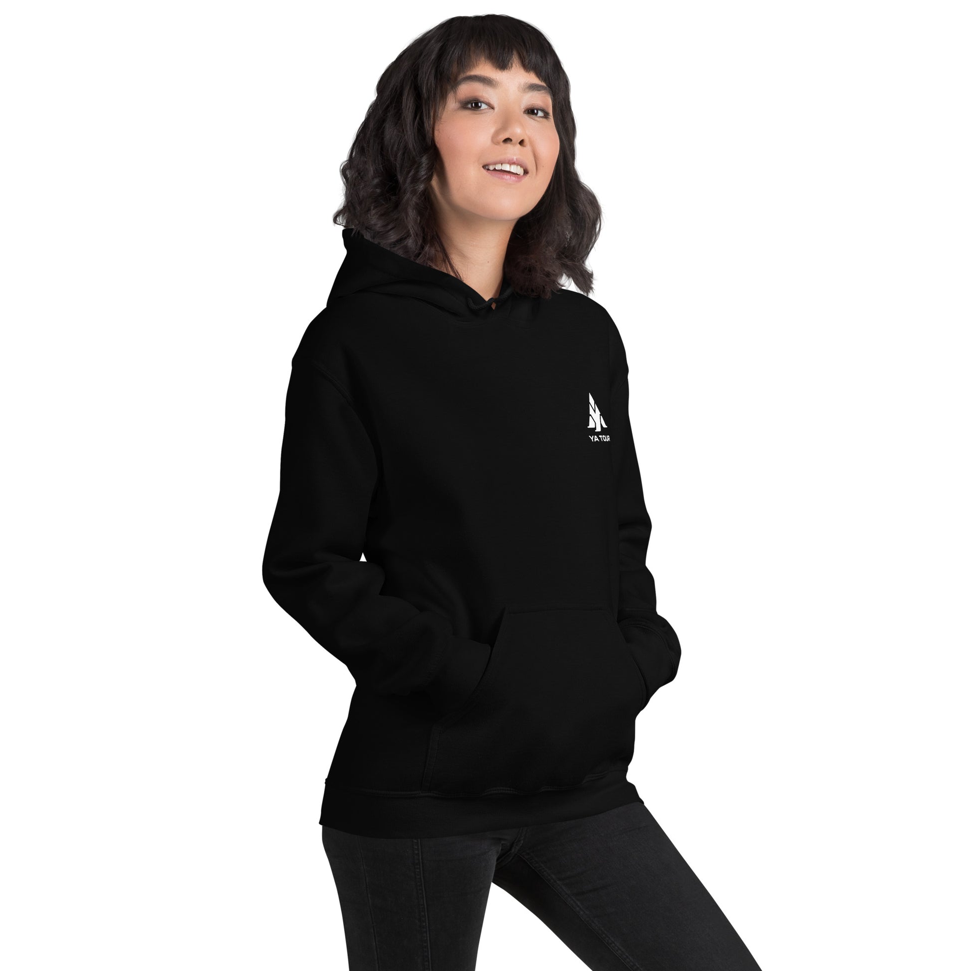 YA TOUR Unisex Hoodie black front lifestyle view 3