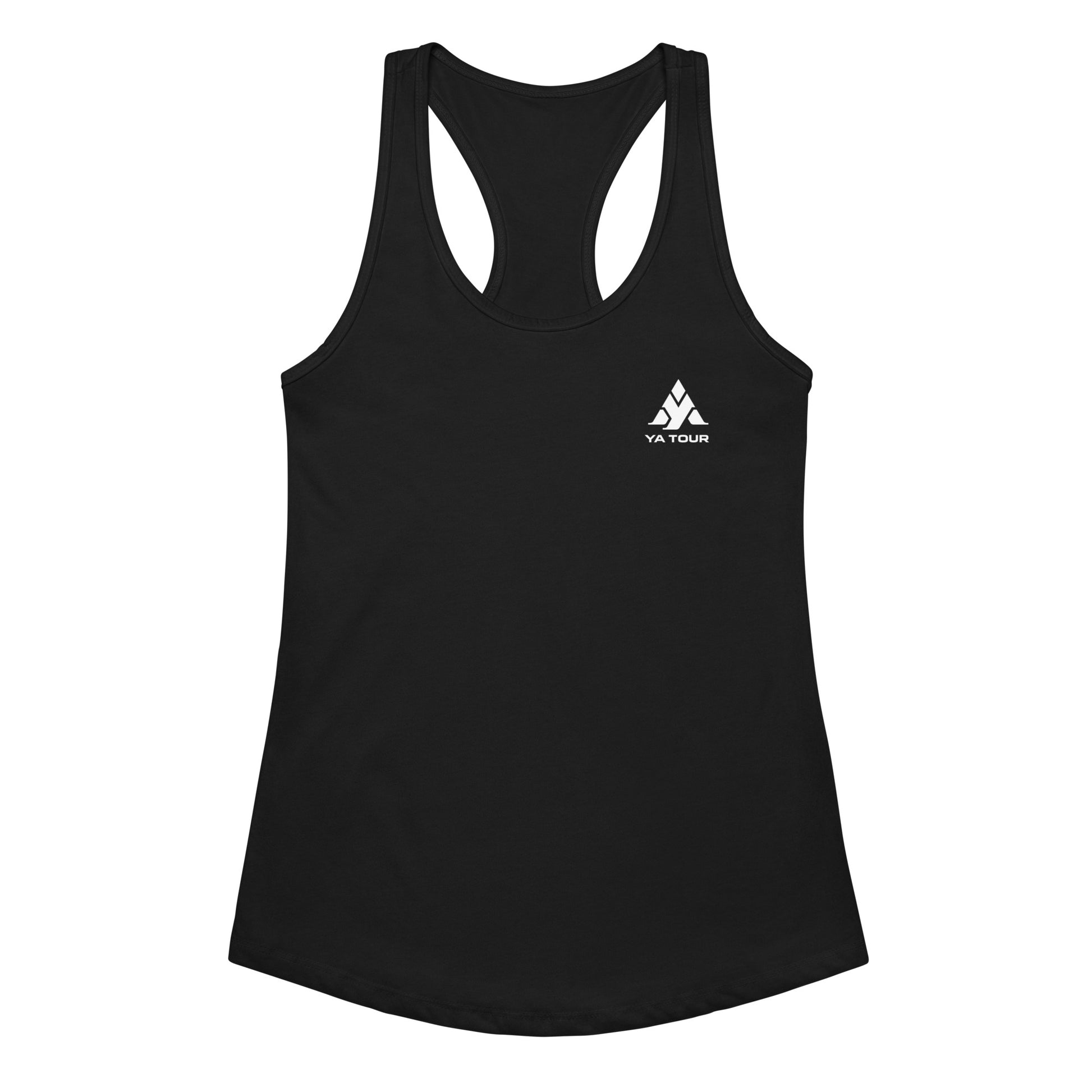 YA TOUR Women's Fitted Racerback Tank Top black logo detail	