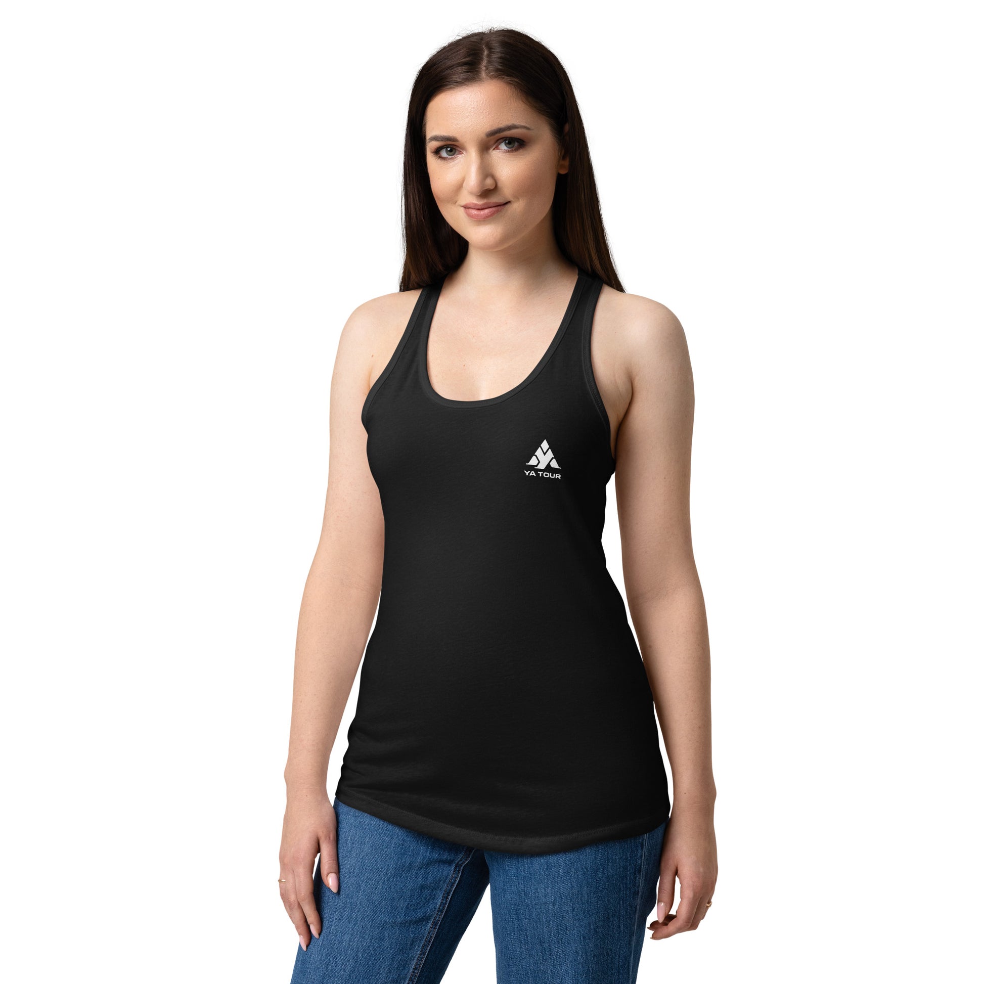 YA TOUR Women's Fitted Racerback Tank Top black front lifestyle view