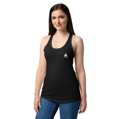 YA TOUR Women's Fitted Racerback Tank Top black front lifestyle view
