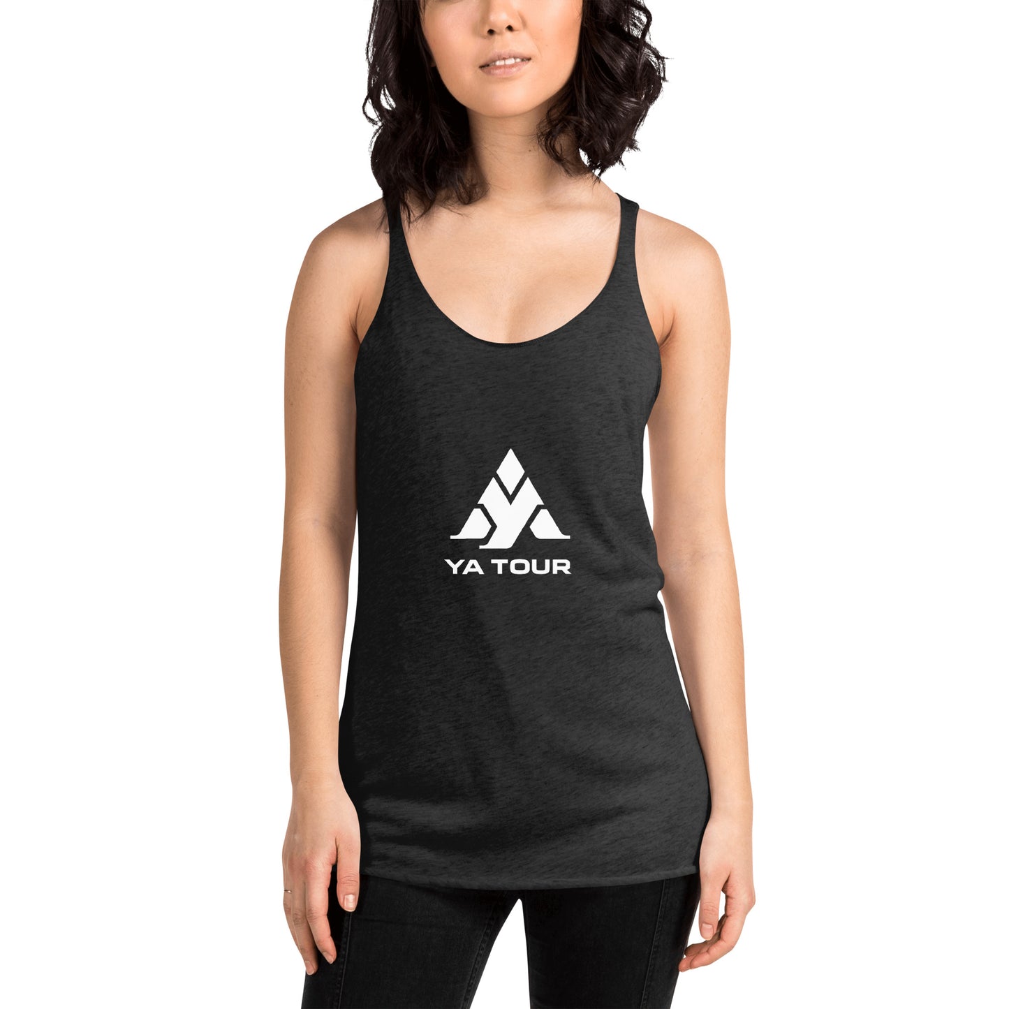 YA TOUR Women's Racerback Tank black front lifestyle view